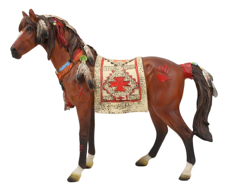 Ebros Gift Ebros Equestrian Tribal Navajo Medicine Spirit Horse with Painted Tapestry Saddle Hand Crafted Statue 9.5" Long Native American Indian Symbols Palm Feathers Stallion Animal Decor Sculpture - Image 3